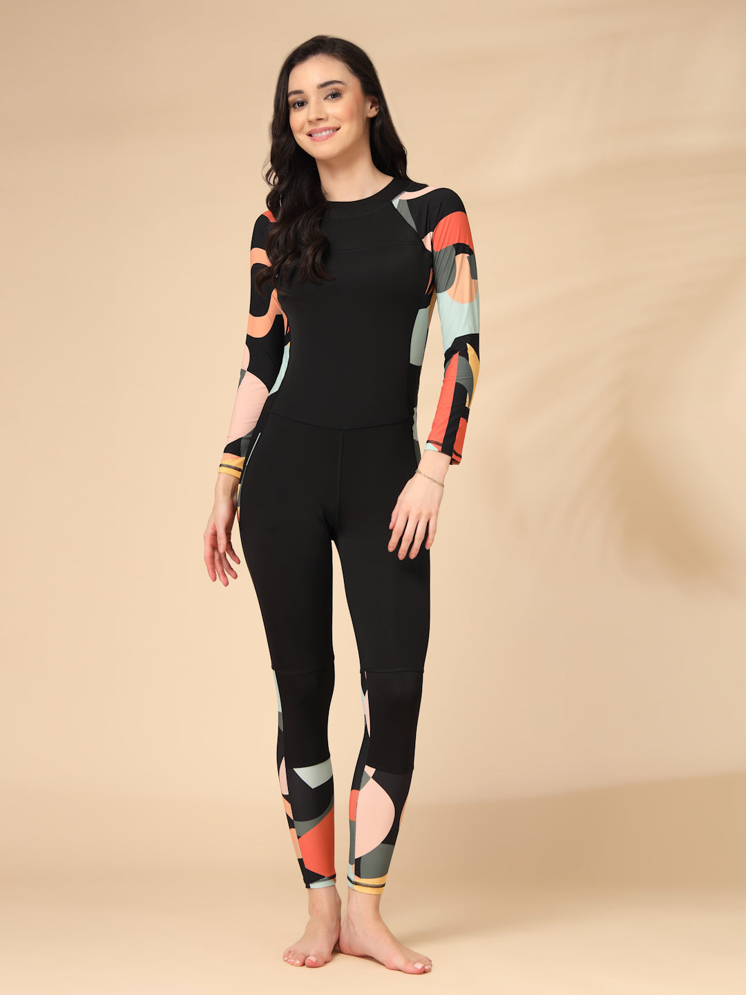 One-Piece Full Length Black Geometric Printed Padded Swimming costume / Swimwear