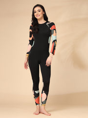 One-Piece Full Length Black Geometric Printed Padded Swimming costume / Swimwear