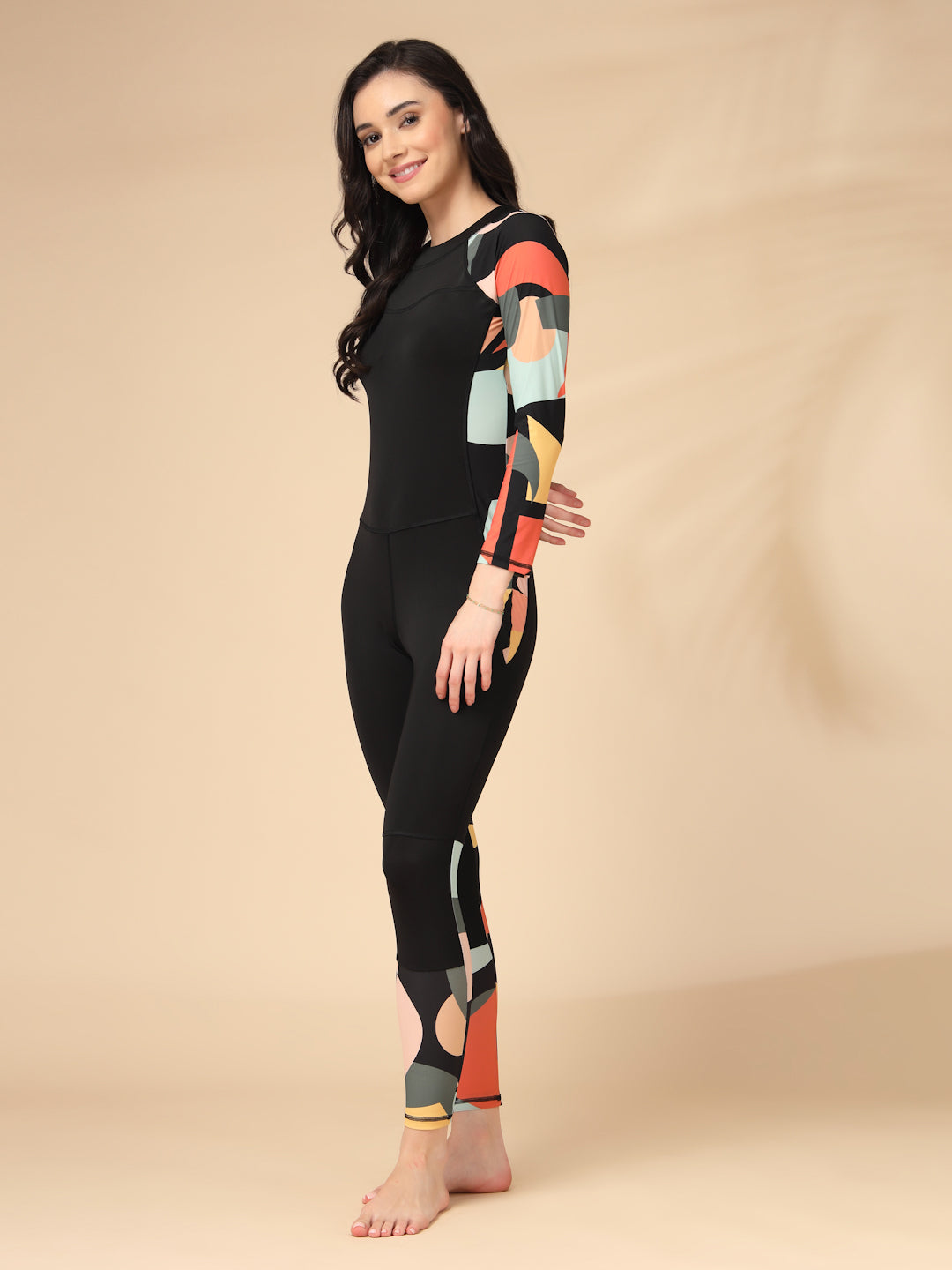 One-Piece Full Length Black Geometric Printed Padded Swimming costume / Swimwear