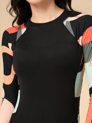 One-Piece Full Length Black Geometric Printed Padded Swimming costume / Swimwear
