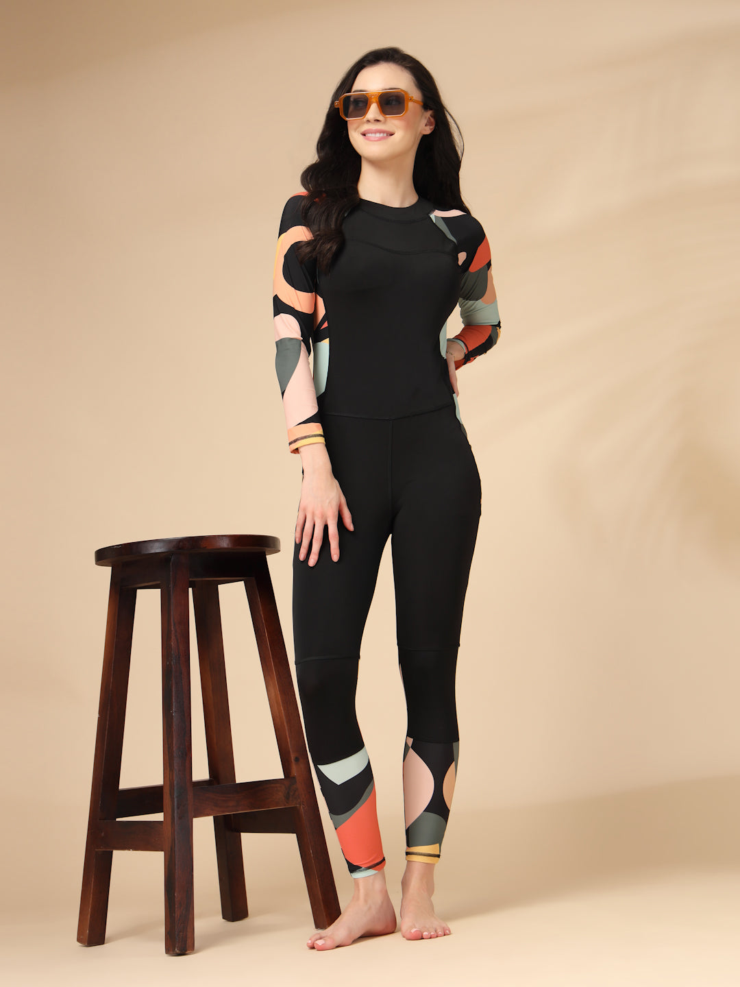 One-Piece Full Length Black Geometric Printed Padded Swimming costume / Swimwear