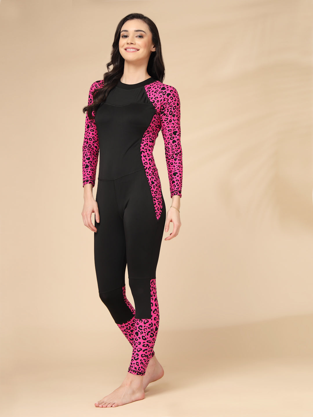 One-Piece Full Length Black-Pink Animal Printed Padded Swimming costume / Swimwear / Body Suit