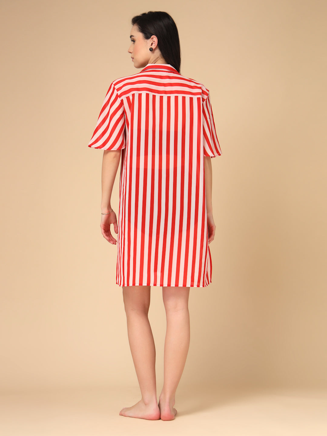 Red & White Striped Georgette Button-Down Beach Shirt Cover-Up