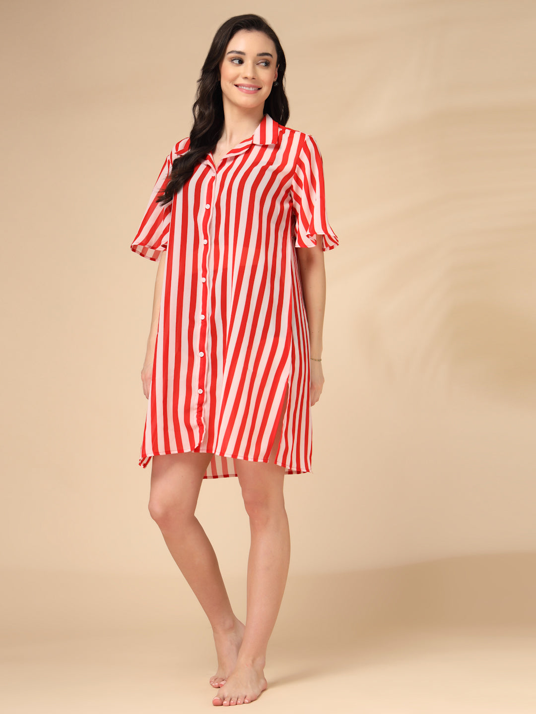 Red & White Striped Georgette Button-Down Beach Shirt Cover-Up