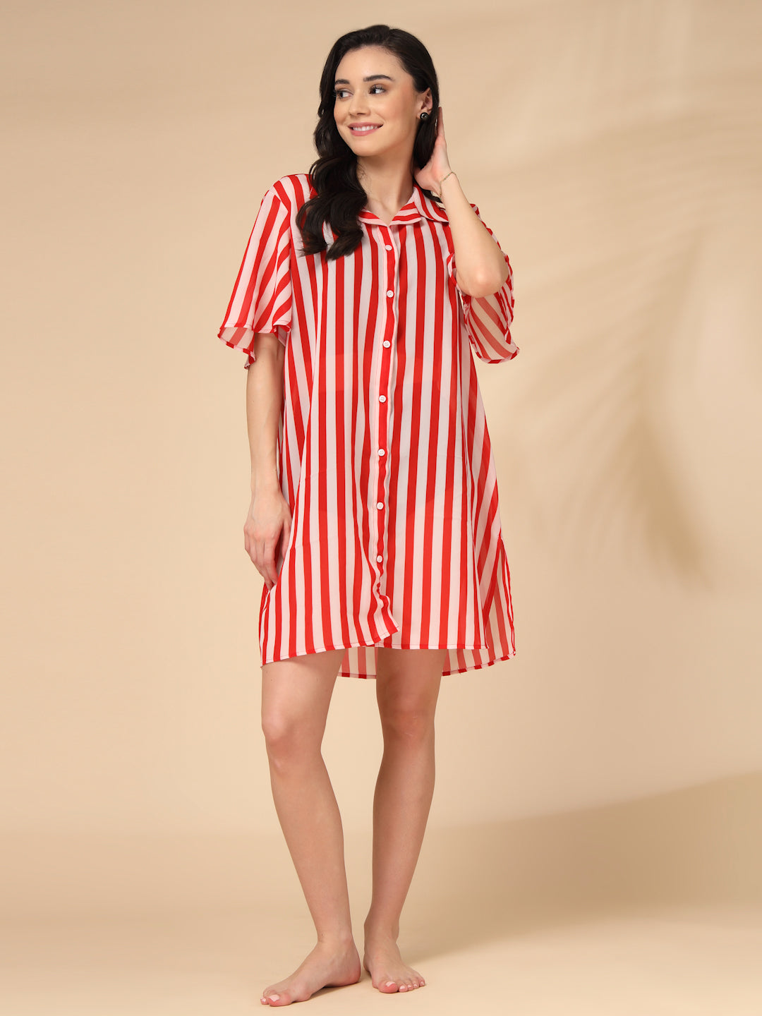 Red & White Striped Georgette Button-Down Beach Shirt Cover-Up
