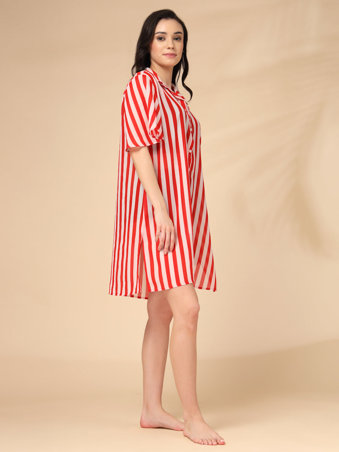 Red & White Striped Georgette Button-Down Beach Shirt Cover-Up
