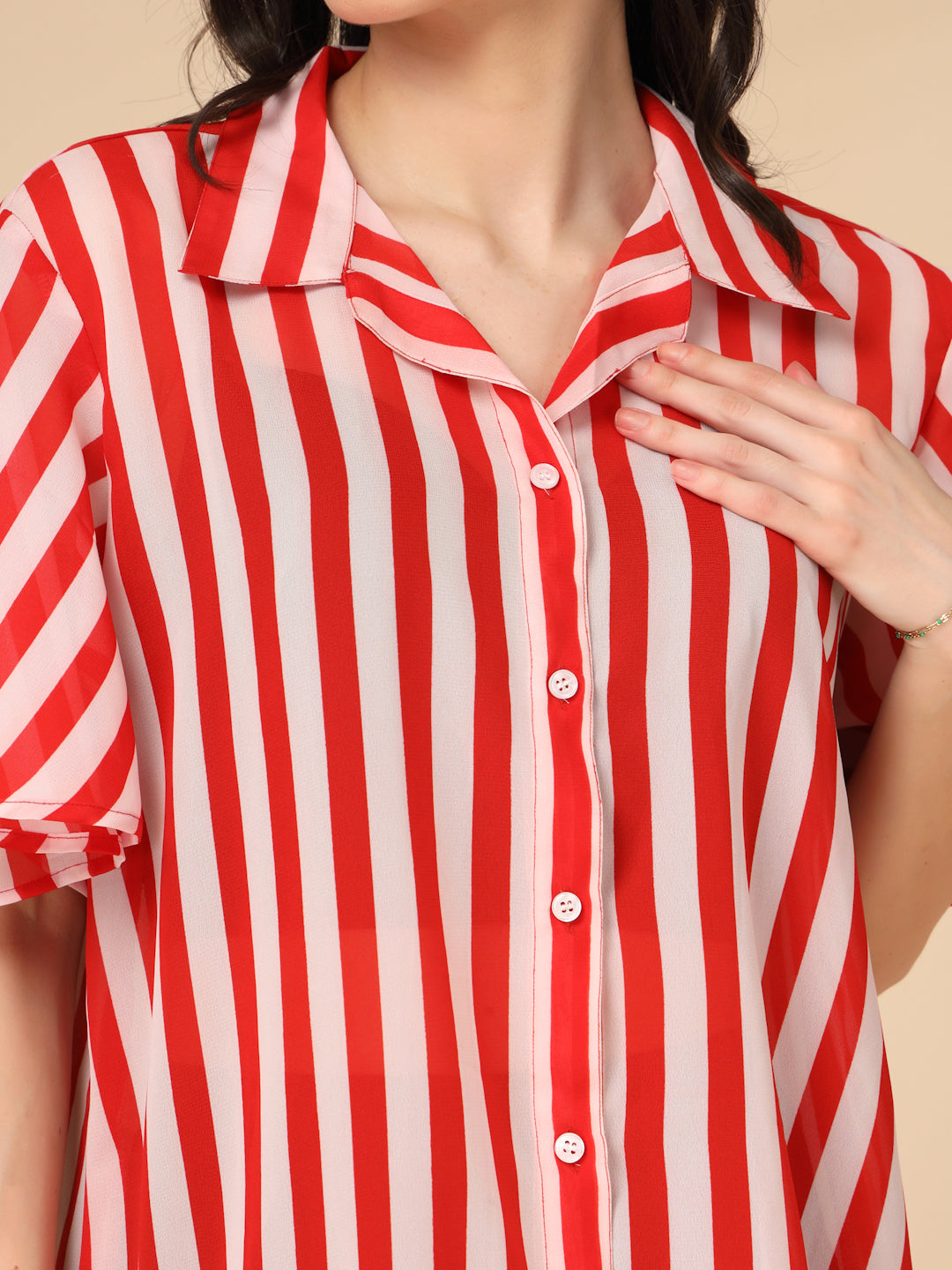 Red & White Striped Georgette Button-Down Beach Shirt Cover-Up