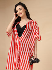 Red & White Striped Georgette Button-Down Beach Shirt Cover-Up