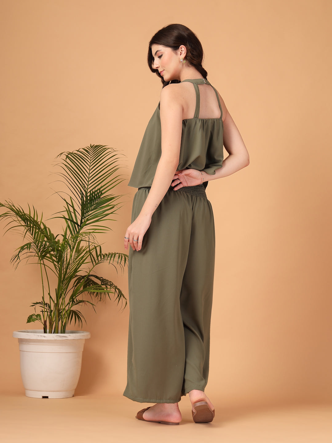 Olive Green Double Georgette Two-Piece Co-ord Set