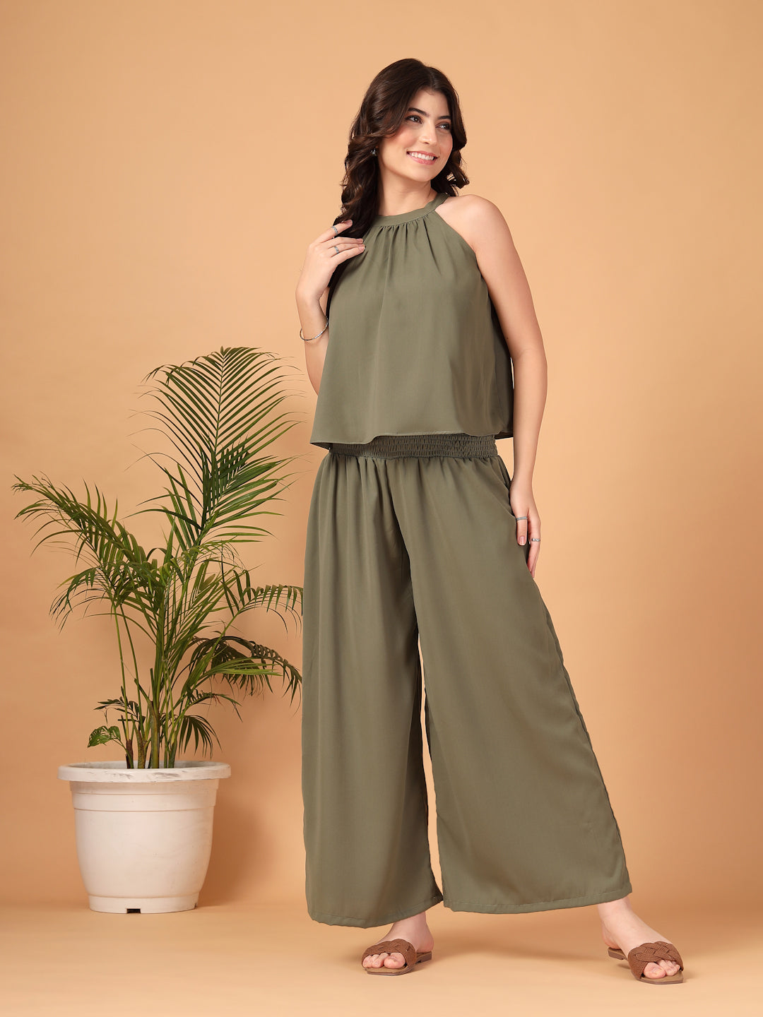 Olive Green Double Georgette Two-Piece Co-ord Set