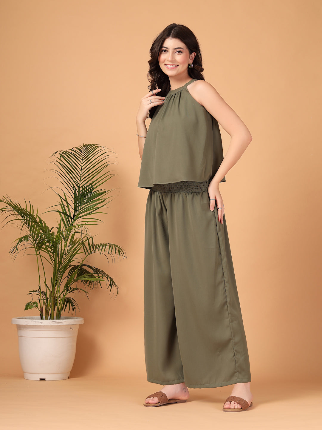 Olive Green Double Georgette Two-Piece Co-ord Set