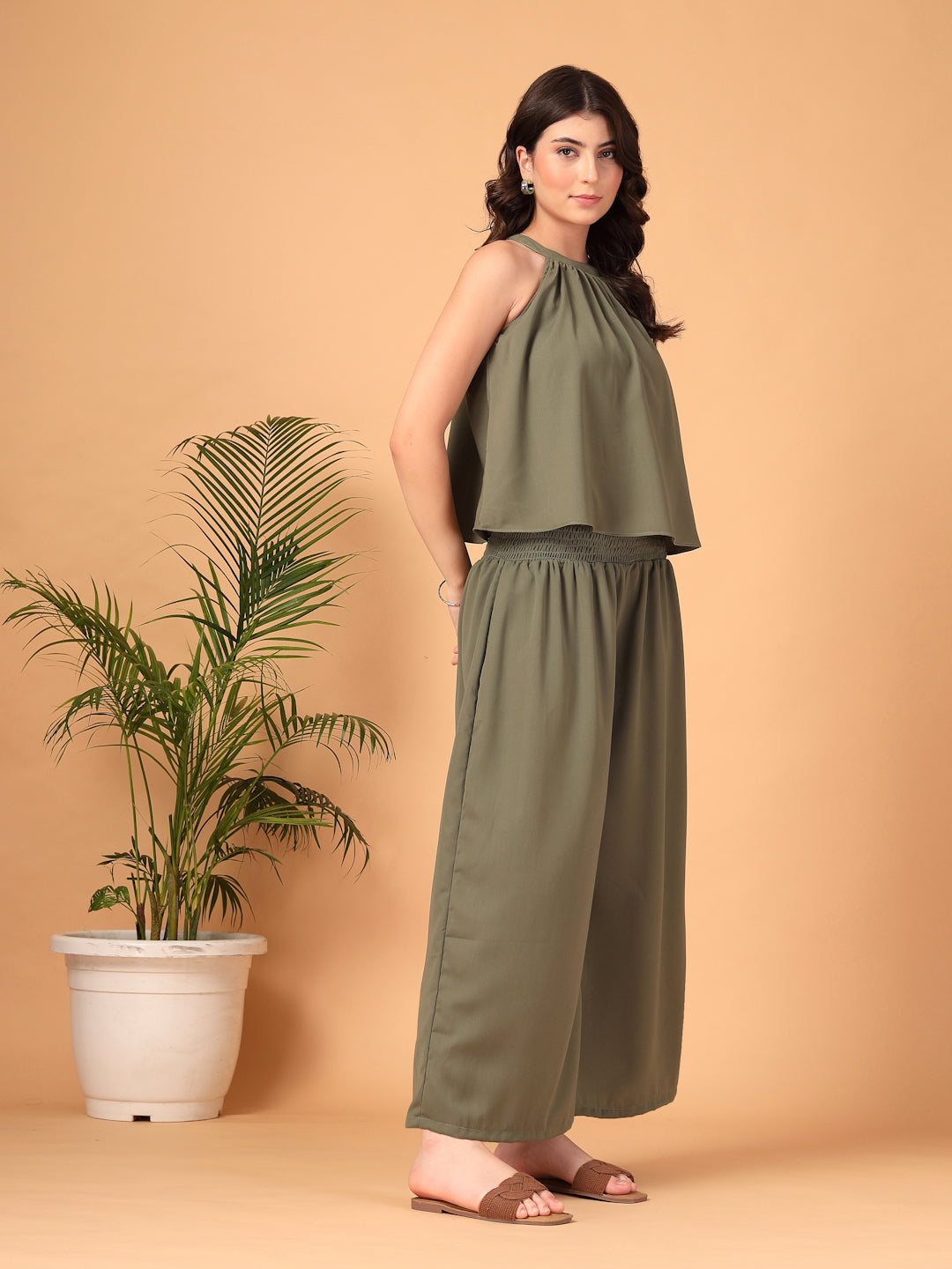 Olive Green Double Georgette Two-Piece Co-ord Set