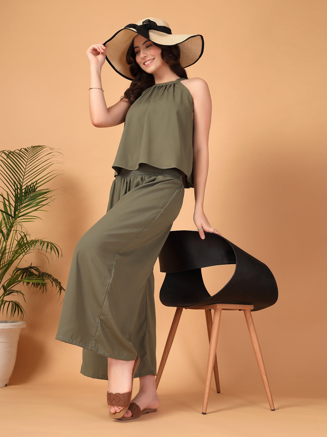 Olive Green Double Georgette Two-Piece Co-ord Set