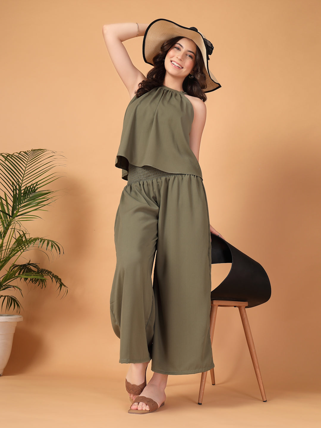 Olive Green Double Georgette Two-Piece Co-ord Set