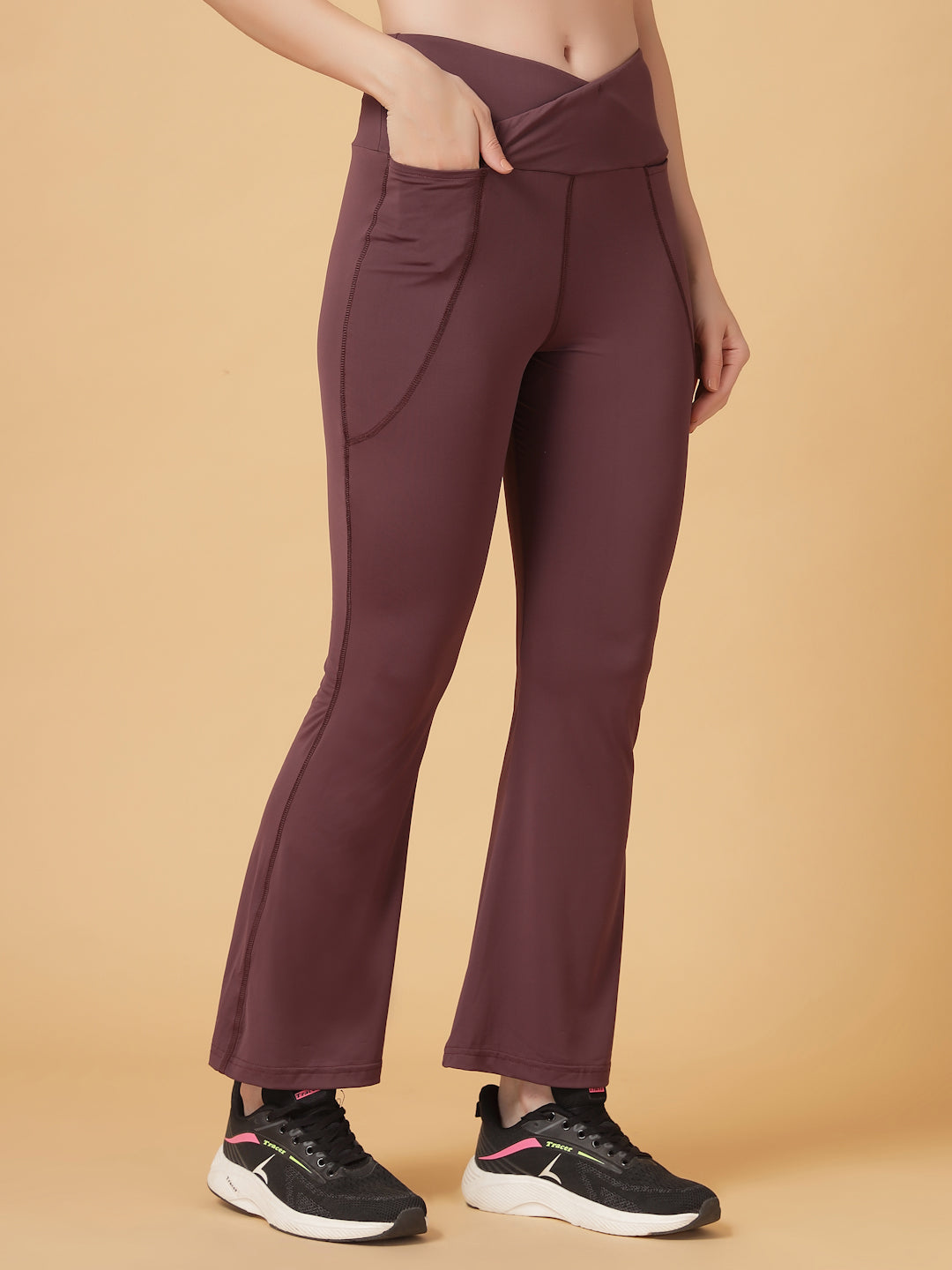 CUKOO High Waist Burgundy Flared Workout Leggings for women with Crossover Waist & Side Pockets – Stretch & Breathable Athleisure Pants