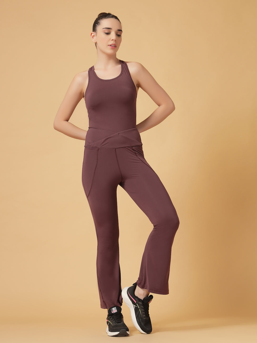 CUKOO High Waist Burgundy Flared Workout Leggings for women with Crossover Waist & Side Pockets – Stretch & Breathable Athleisure Pants