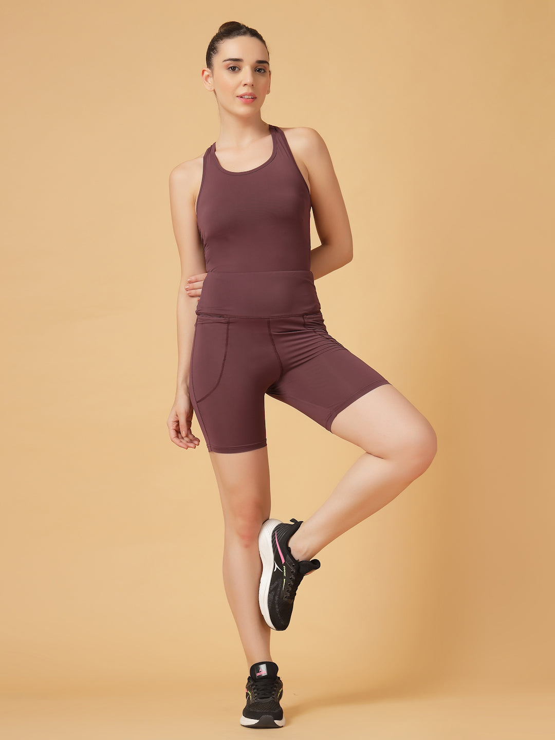 CUKOO Dark Mauve High Waist Workout Shorts for women with Pockets – Soft, Stretch & Anti-Chafe