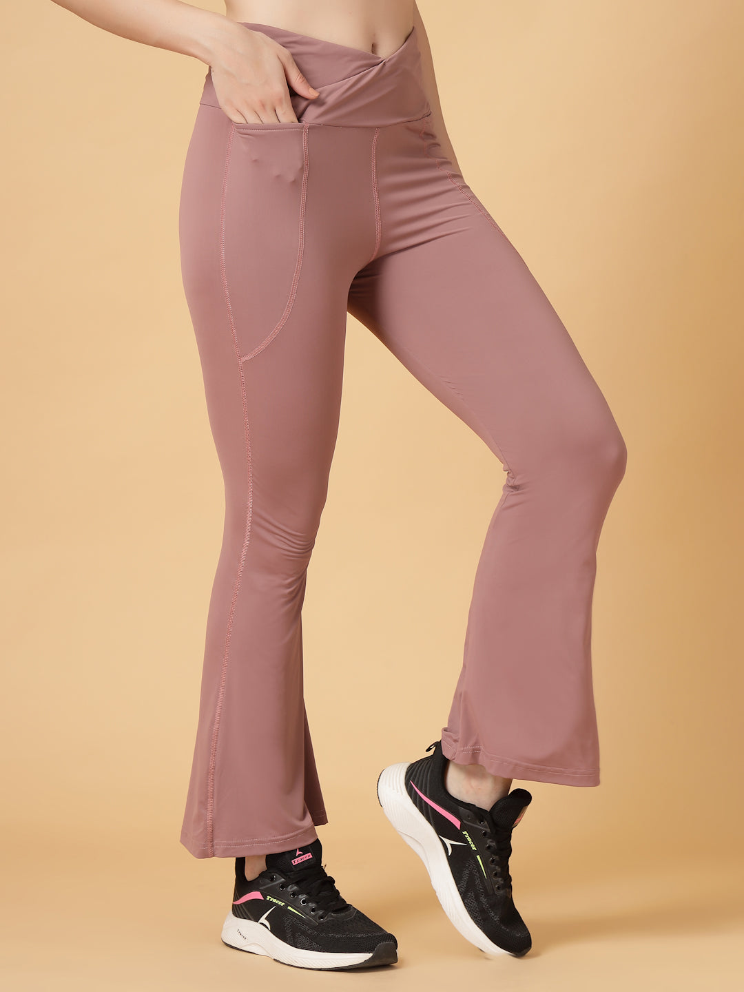 CUKOO High Waist Mauve Flared Workout Leggings for women with Side Pockets – Stretch & Breathable Athleisure Tights