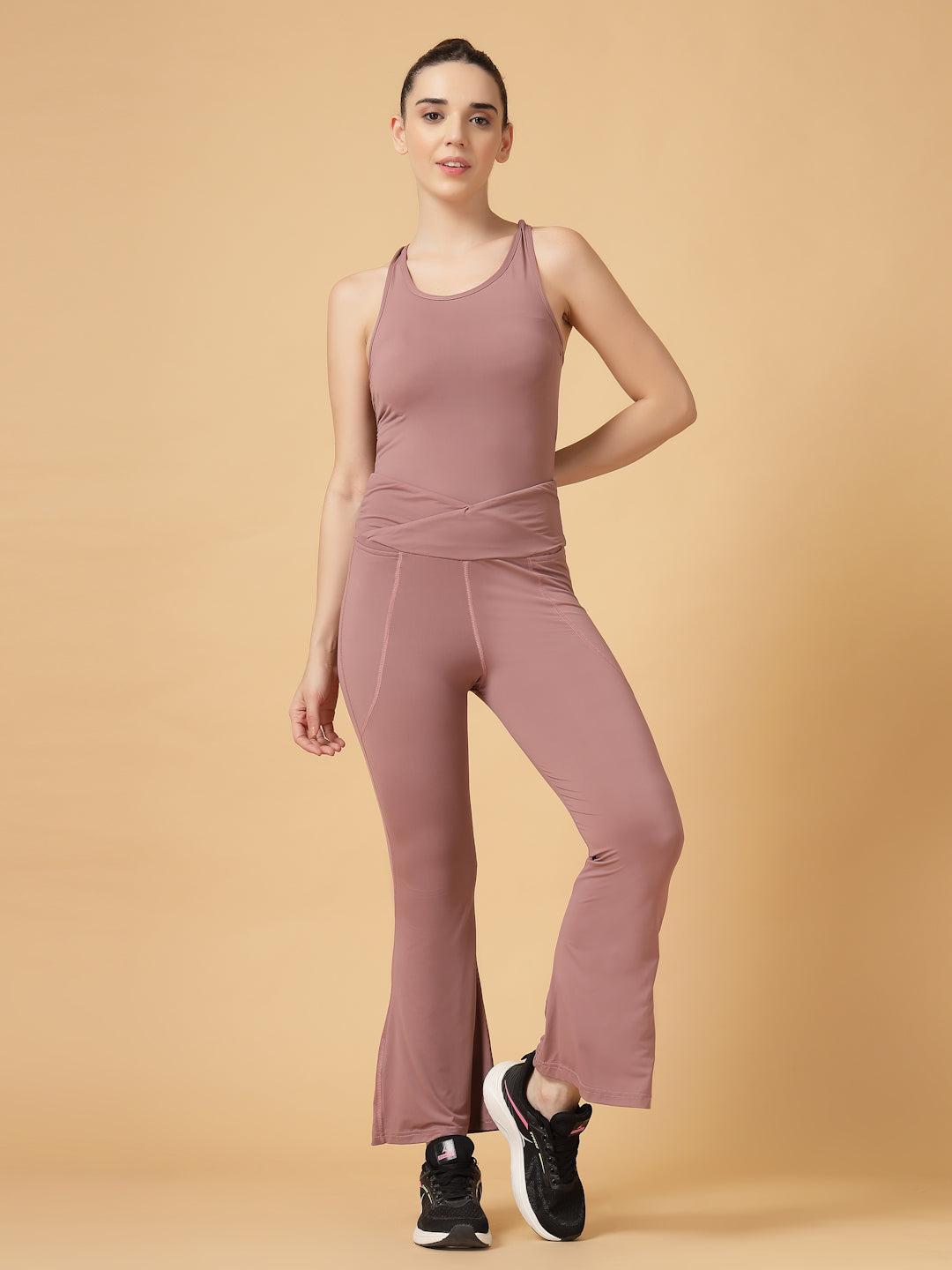 CUKOO High Waist Mauve Flared Workout Leggings for women with Side Pockets – Stretch & Breathable Athleisure Tights