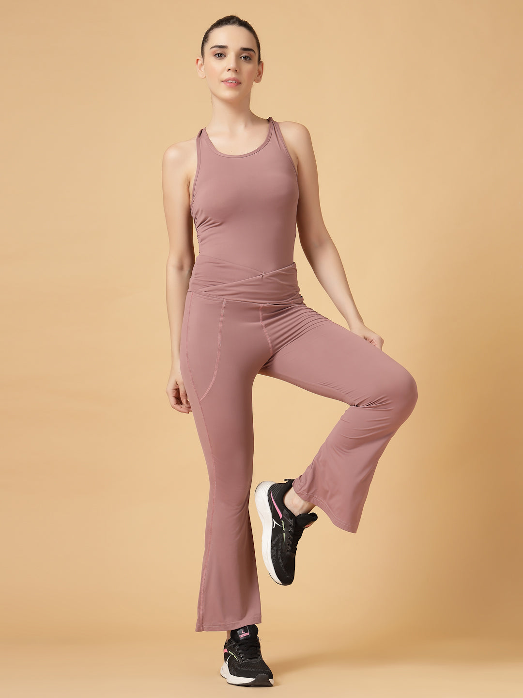 CUKOO High Waist Mauve Flared Workout Leggings for women with Side Pockets – Stretch & Breathable Athleisure Tights
