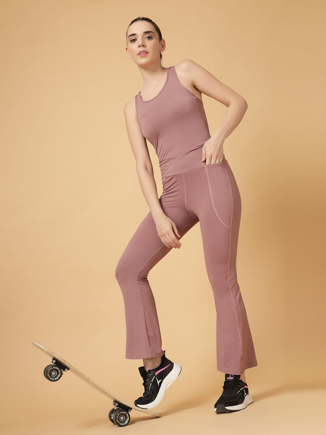 CUKOO High Waist Mauve Flared Workout Leggings for women with Side Pockets – Stretch & Breathable Athleisure Tights