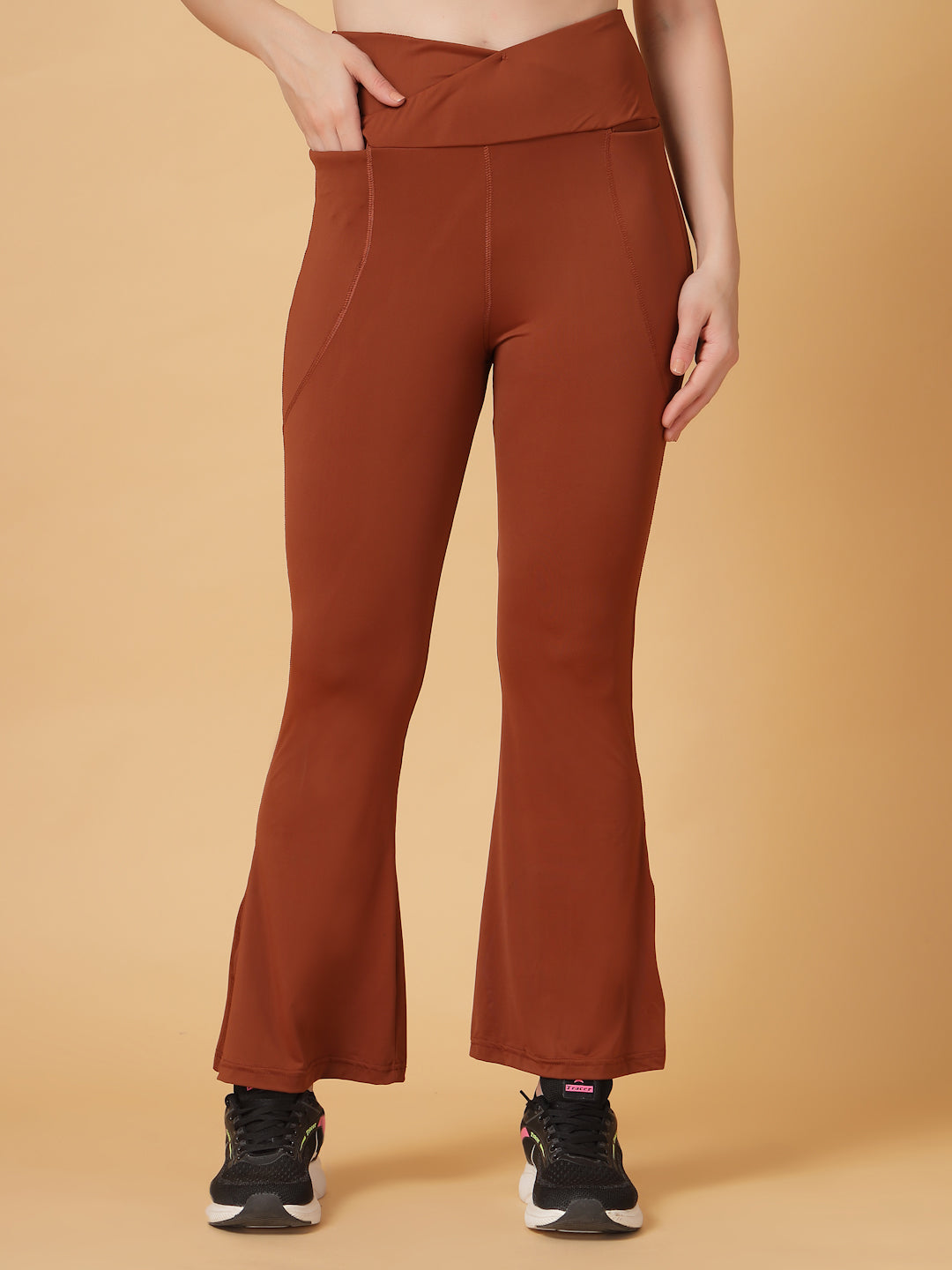 CUKOO Cocoa Brown High Waist Flared Workout Leggings for women with Pockets – Stretch & Breathable Athleisure Pants
