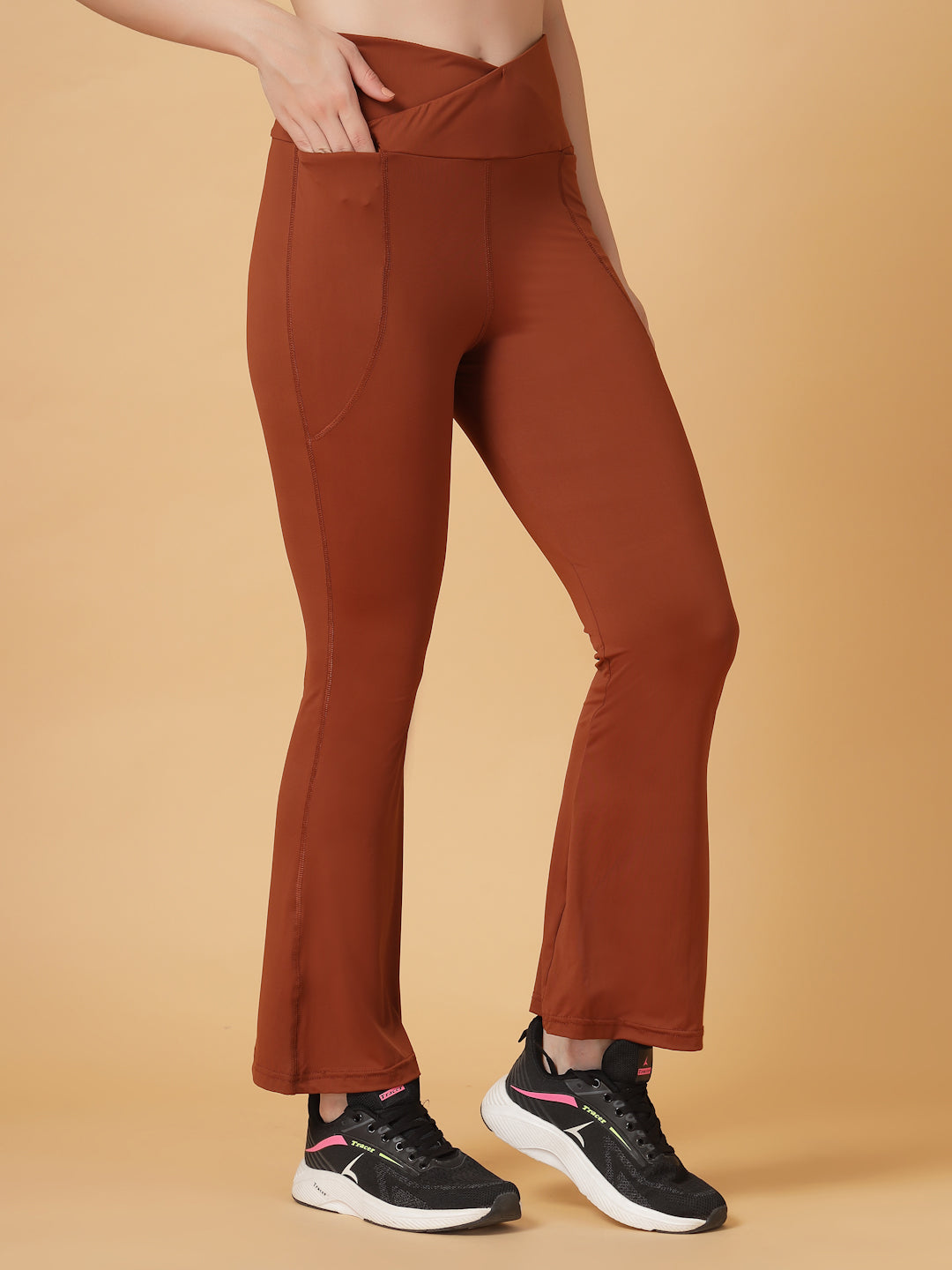 CUKOO Cocoa Brown High Waist Flared Workout Leggings for women with Pockets – Stretch & Breathable Athleisure Pants