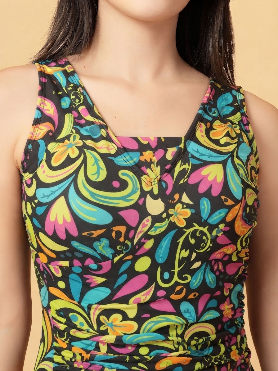 Multicolor Abstract Floral Padded V-Neck Cross-Back Skirted Swimwear