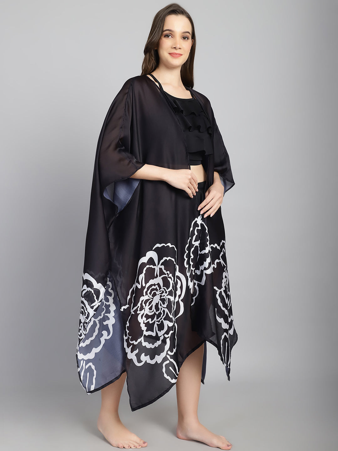 Black and White Floral Long Slit cover up (Only Sarong)