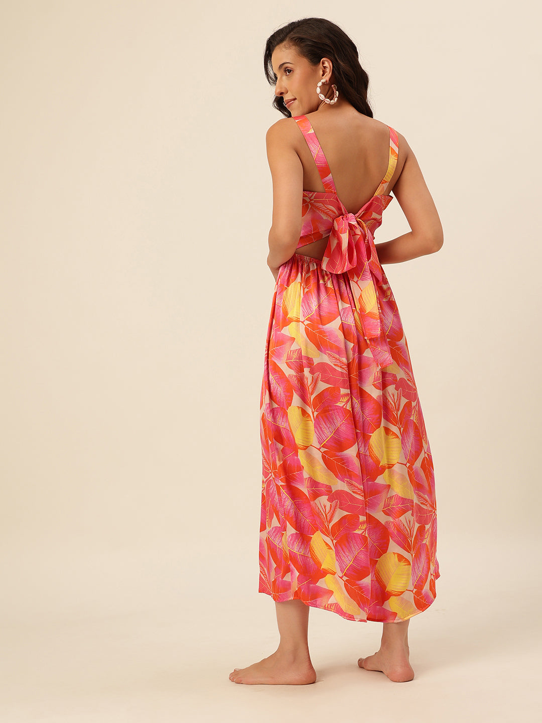 CUKOO Pink & Orange Tropical Print Resort Wear Beach Wear Dress for Women