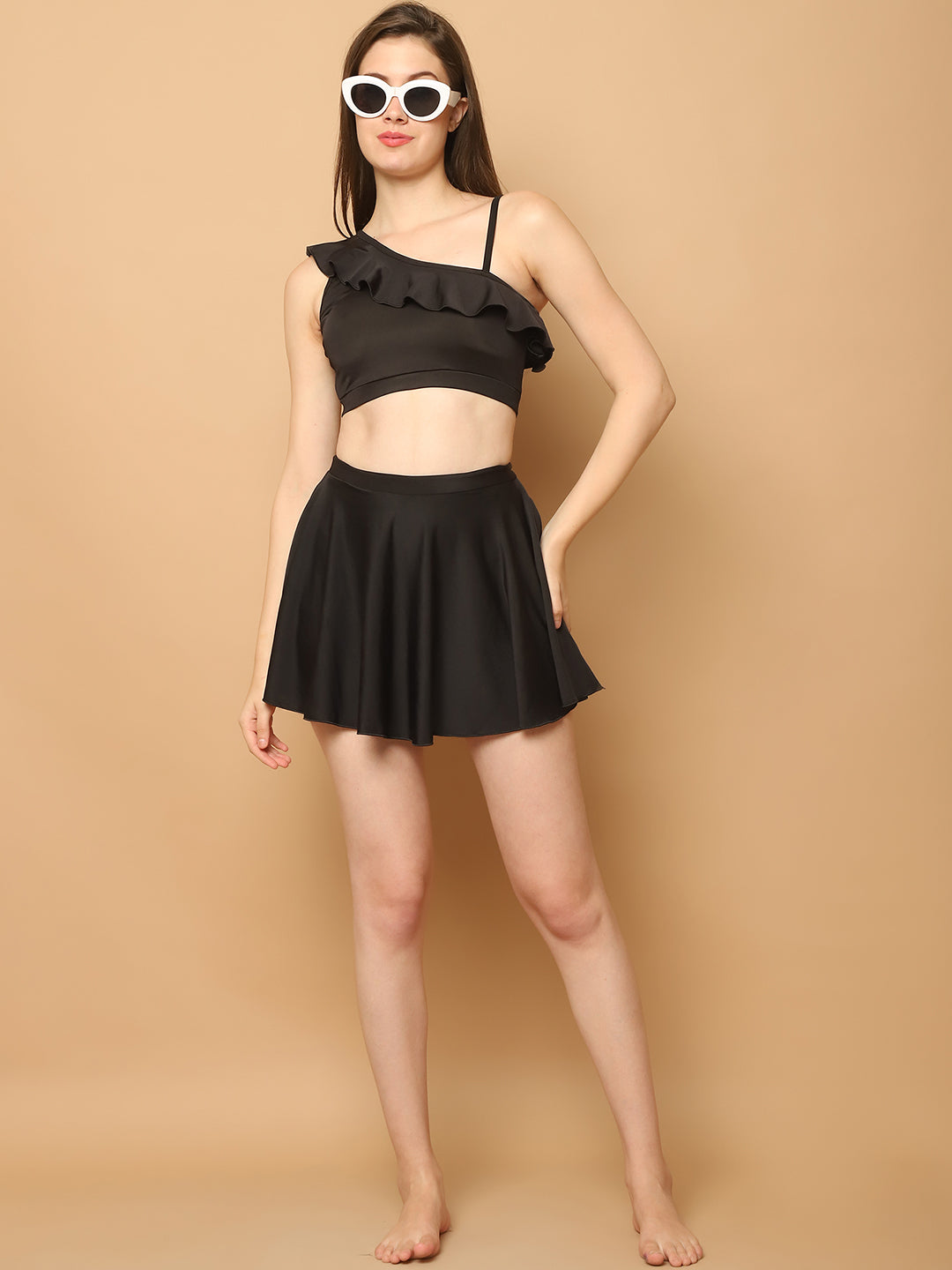 CUKOO Padded Black Two piece Skirtini Swimwear