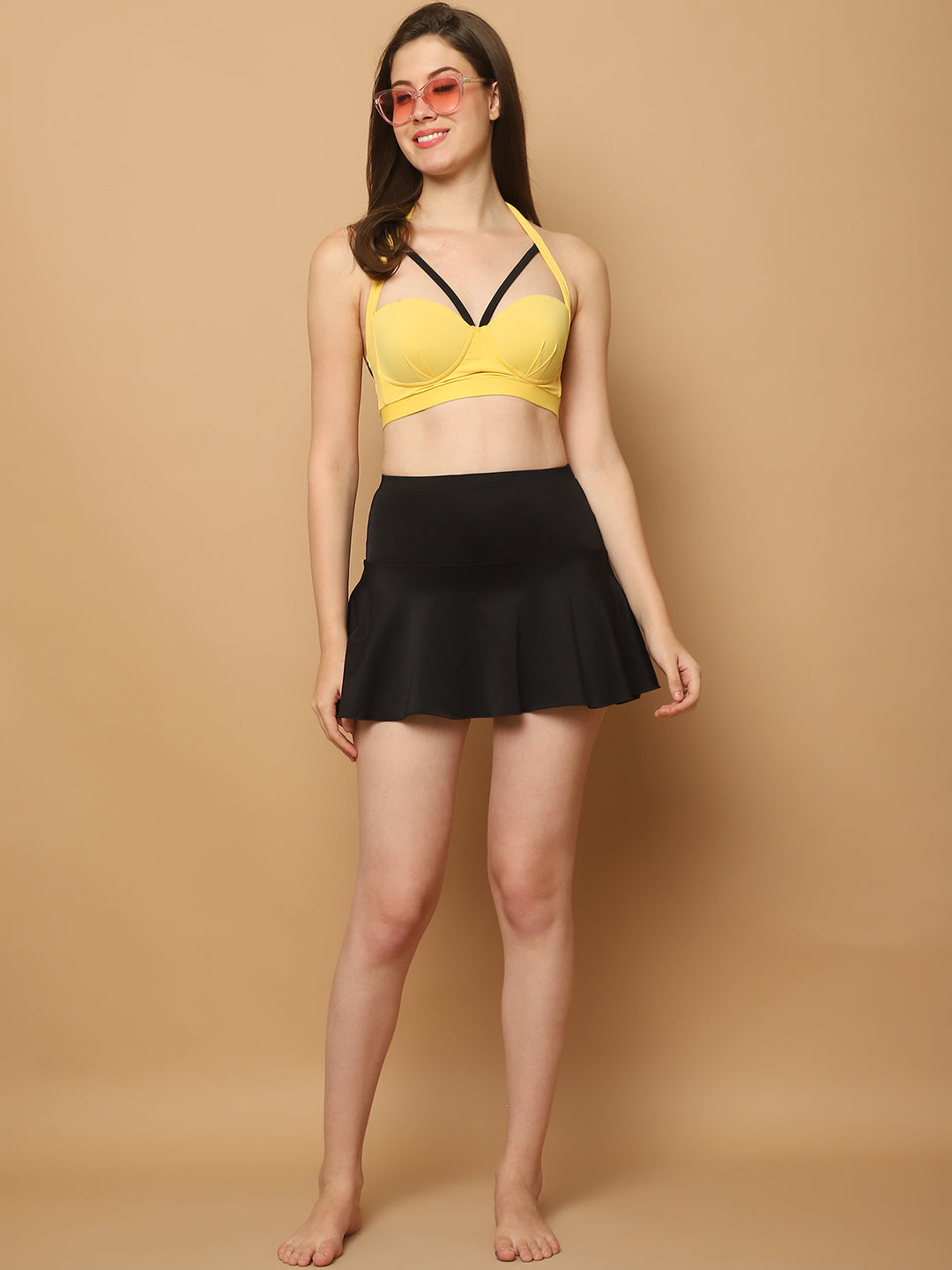 CUKOO Padded Yellow Two piece Skirtini Swimwear