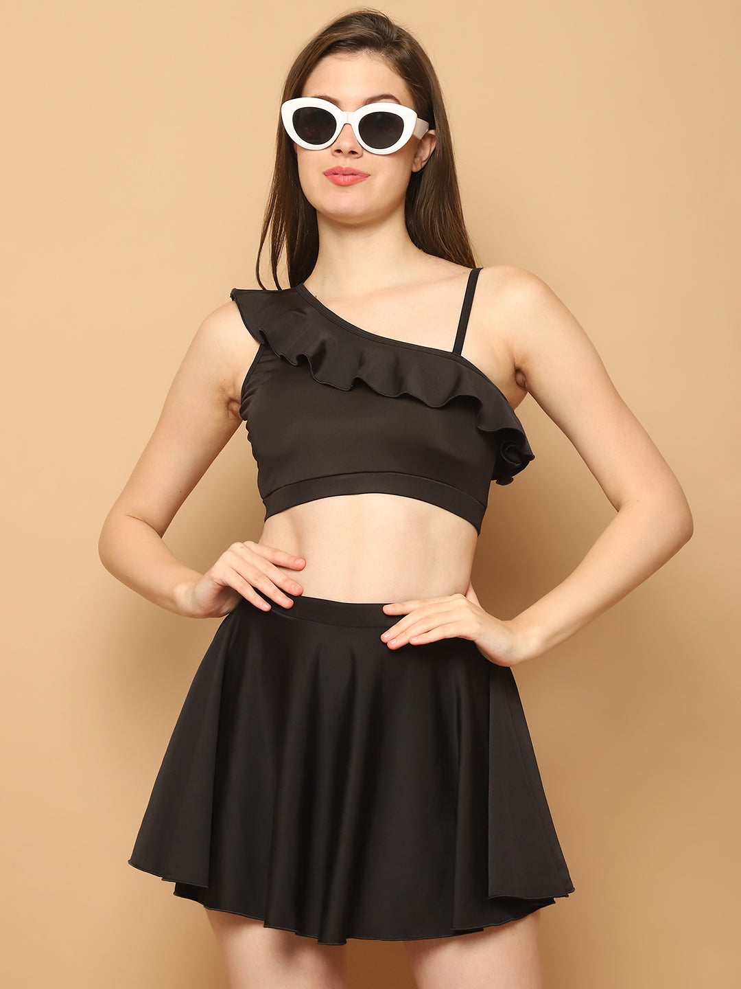 CUKOO Padded Black Two piece Skirtini Swimwear