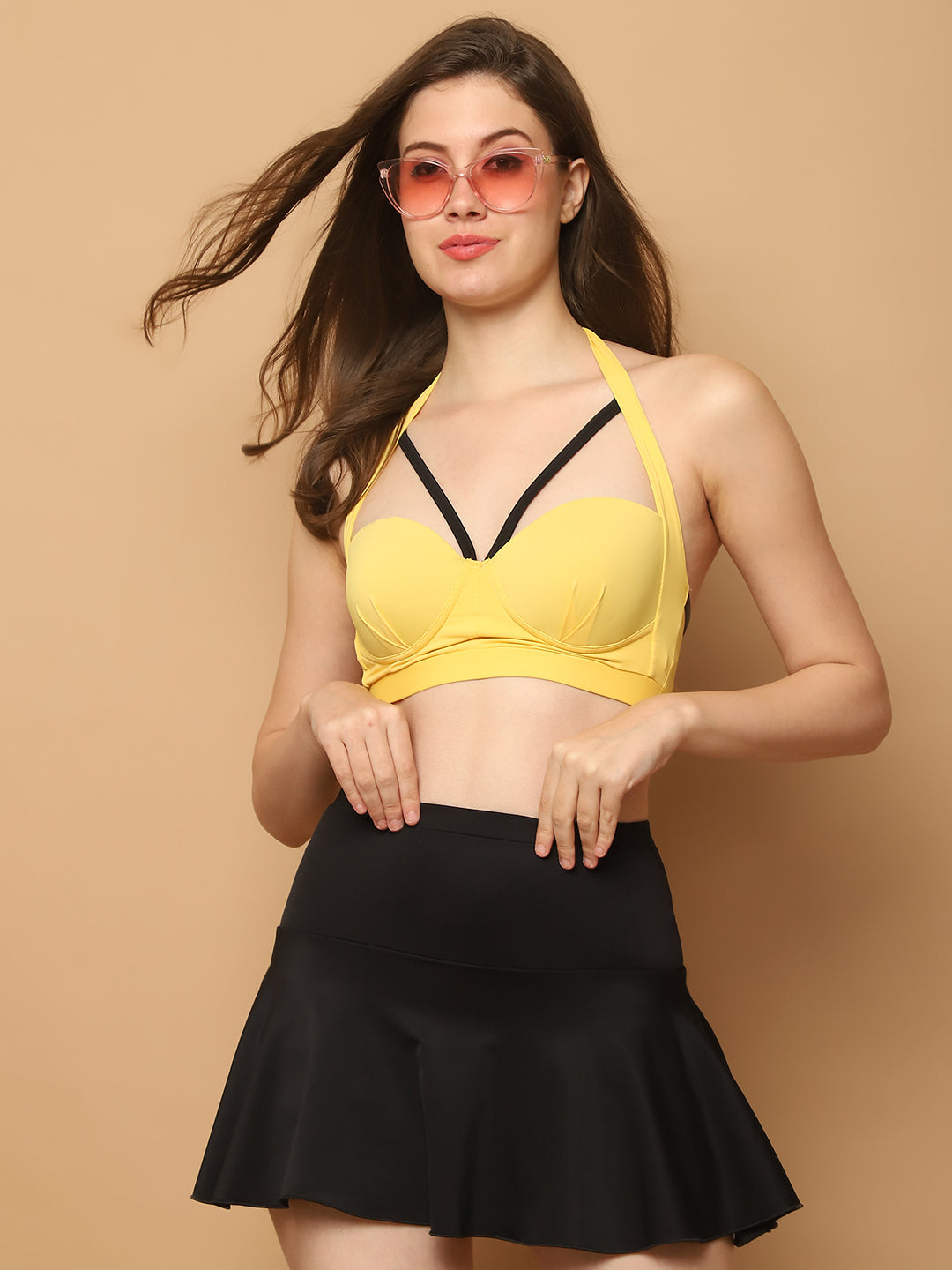 CUKOO Padded Yellow Two piece Skirtini Swimwear