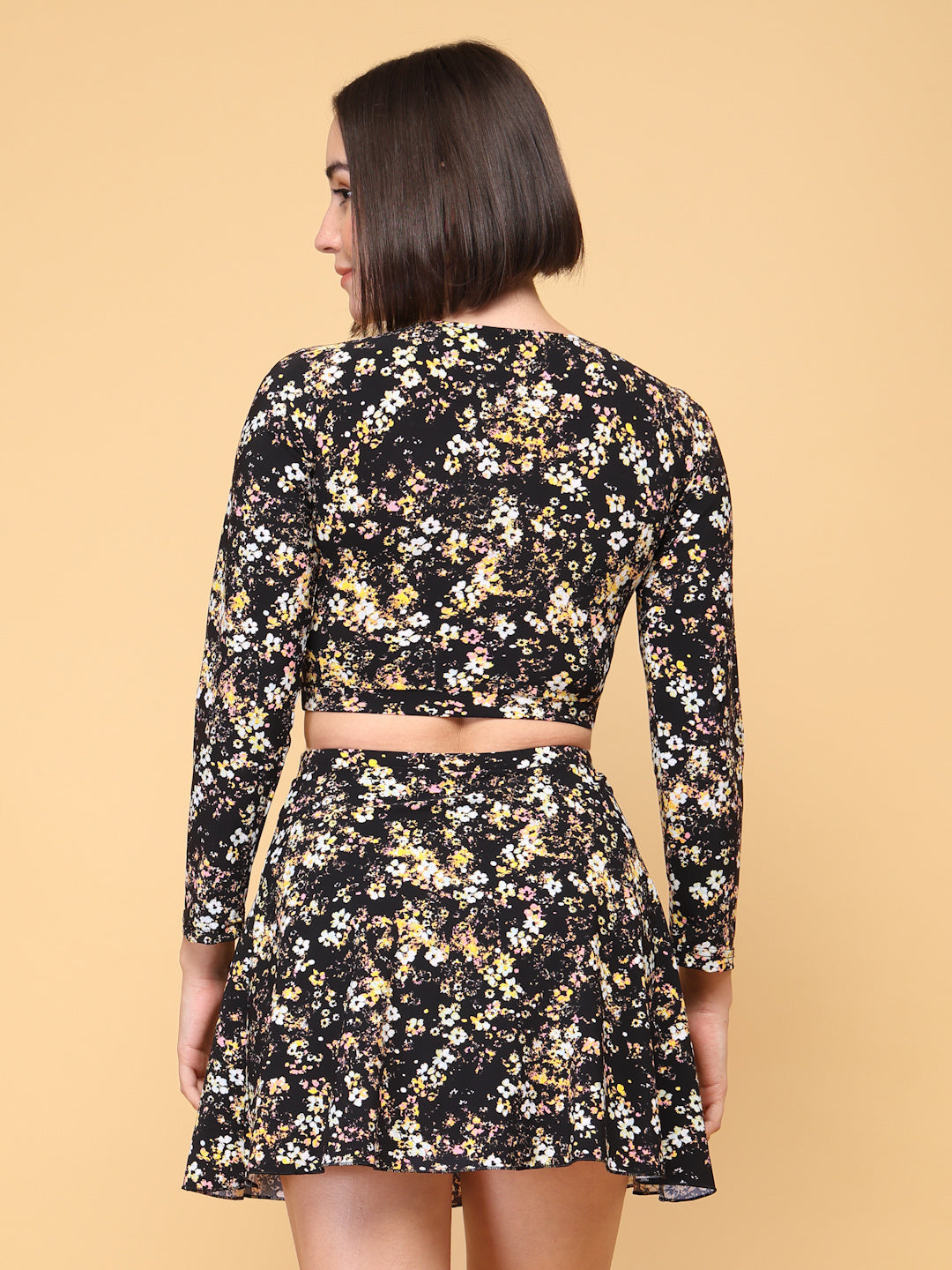 CUKOO Padded Black-yellow Floral Full Sleeve Skirtini Swimwear