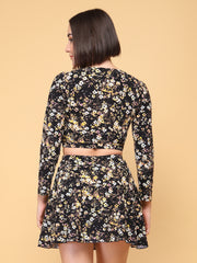 CUKOO Padded Black-yellow Floral Full Sleeve Skirtini Swimwear