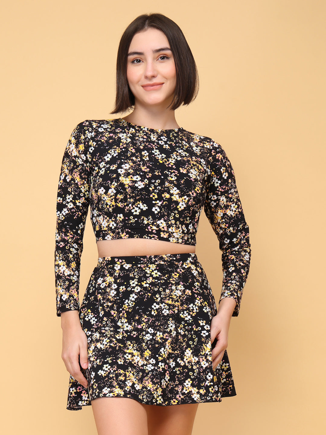 CUKOO Padded Black-yellow Floral Full Sleeve Skirtini Swimwear