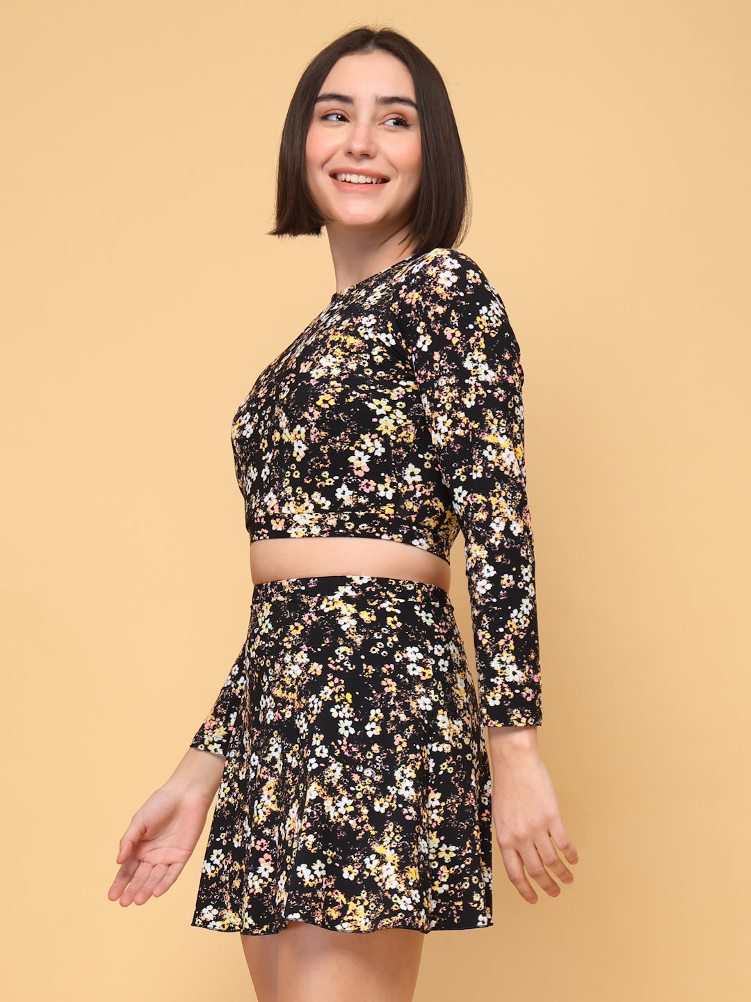 CUKOO Padded Black-yellow Floral Full Sleeve Skirtini Swimwear
