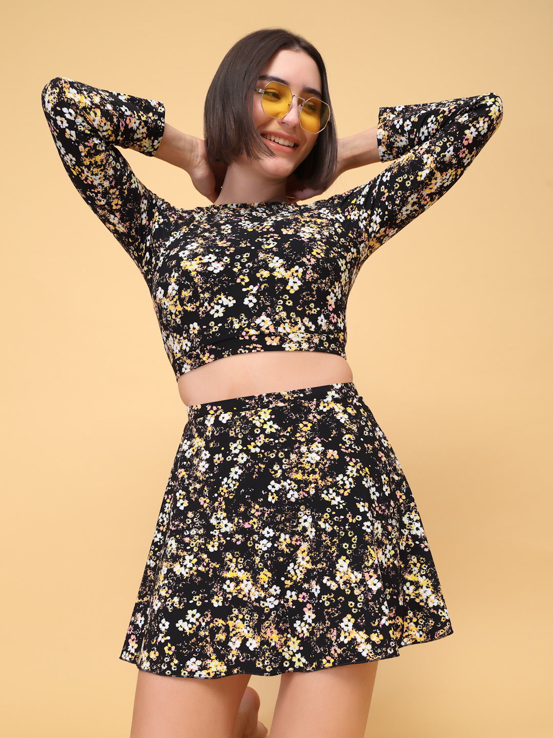 CUKOO Padded Black-yellow Floral Full Sleeve Skirtini Swimwear