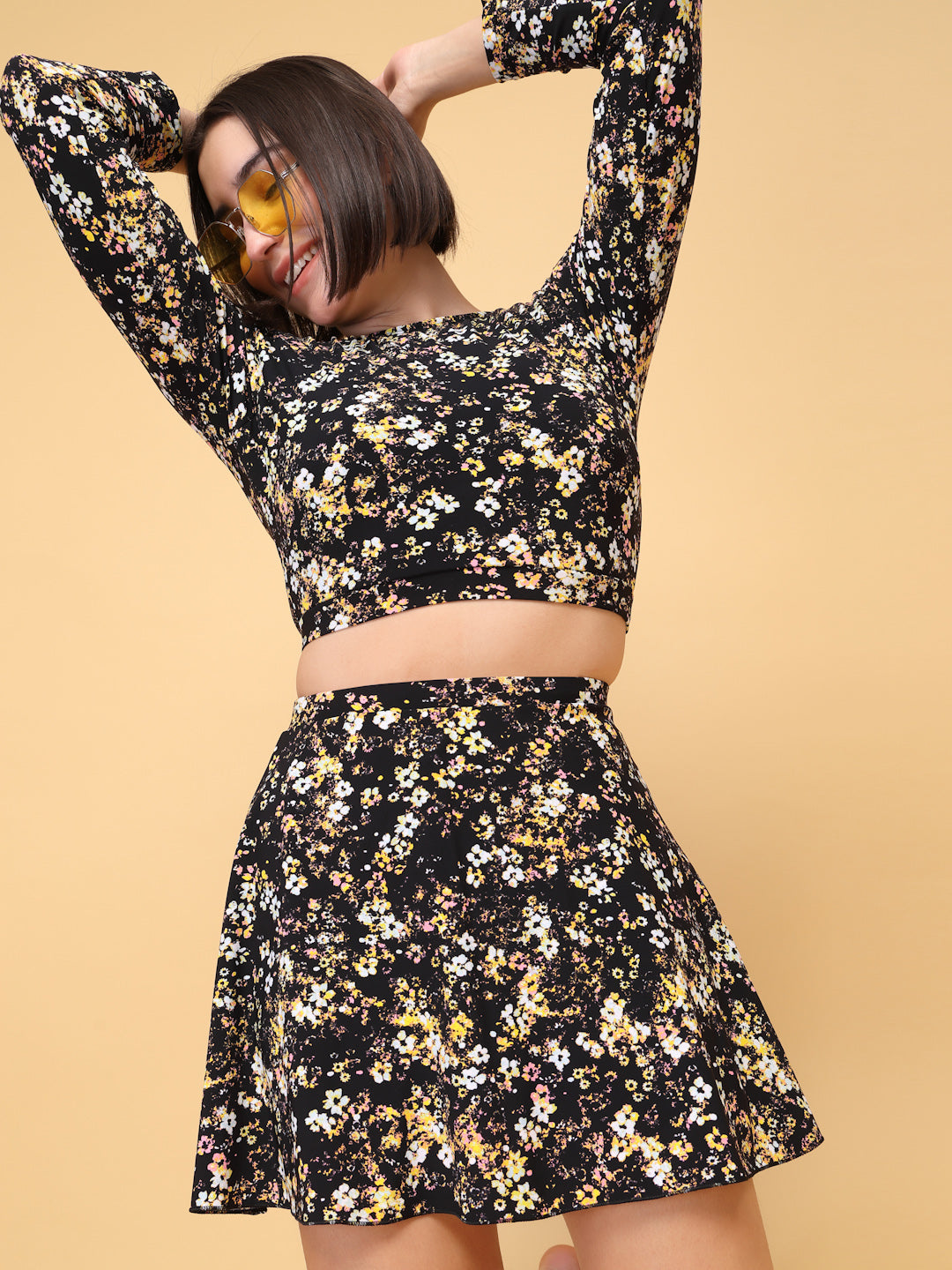 CUKOO Padded Black-yellow Floral Full Sleeve Skirtini Swimwear