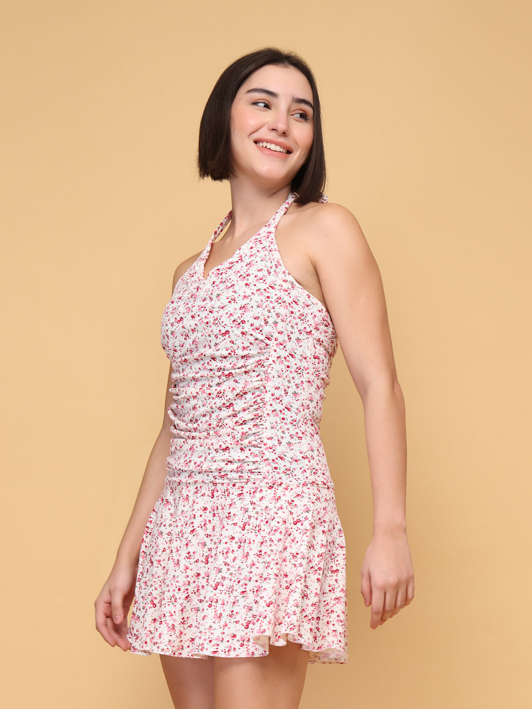 CUKOO Padded White Floral Printed Halter Neck Swimwear