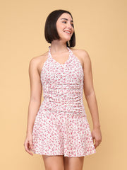 CUKOO Padded White Floral Printed Halter Neck Swimwear