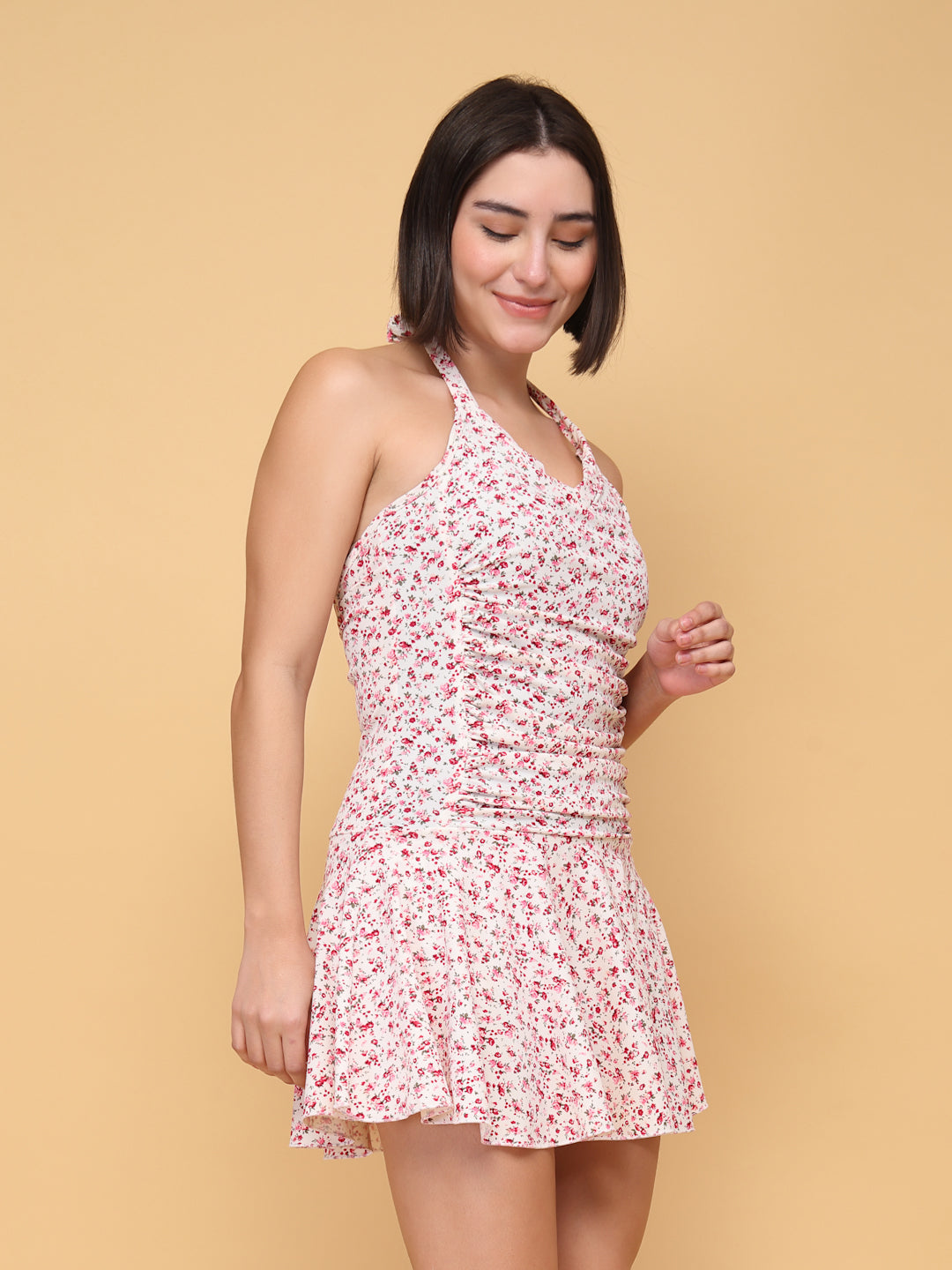 CUKOO Padded White Floral Printed Halter Neck Swimwear