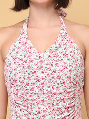 CUKOO Padded White Floral Printed Halter Neck Swimwear