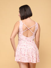 CUKOO Padded Pink Floral Printed Ruched Skirted Swimwear