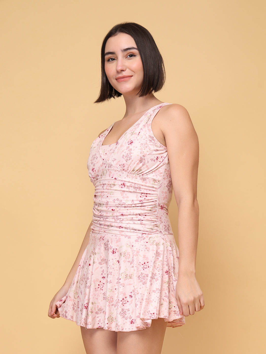 CUKOO Padded Pink Floral Printed Ruched Skirted Swimwear