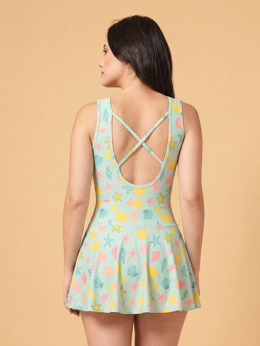 Mint Seashell Print Padded Skirted Swimwear with Cross-Back Straps