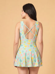Mint Seashell Print Padded Skirted Swimwear with Cross-Back Straps