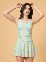 Mint Seashell Print Padded Skirted Swimwear with Cross-Back Straps
