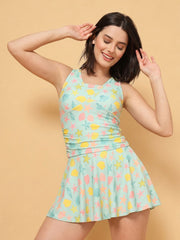 Mint Seashell Print Padded Skirted Swimwear with Cross-Back Straps